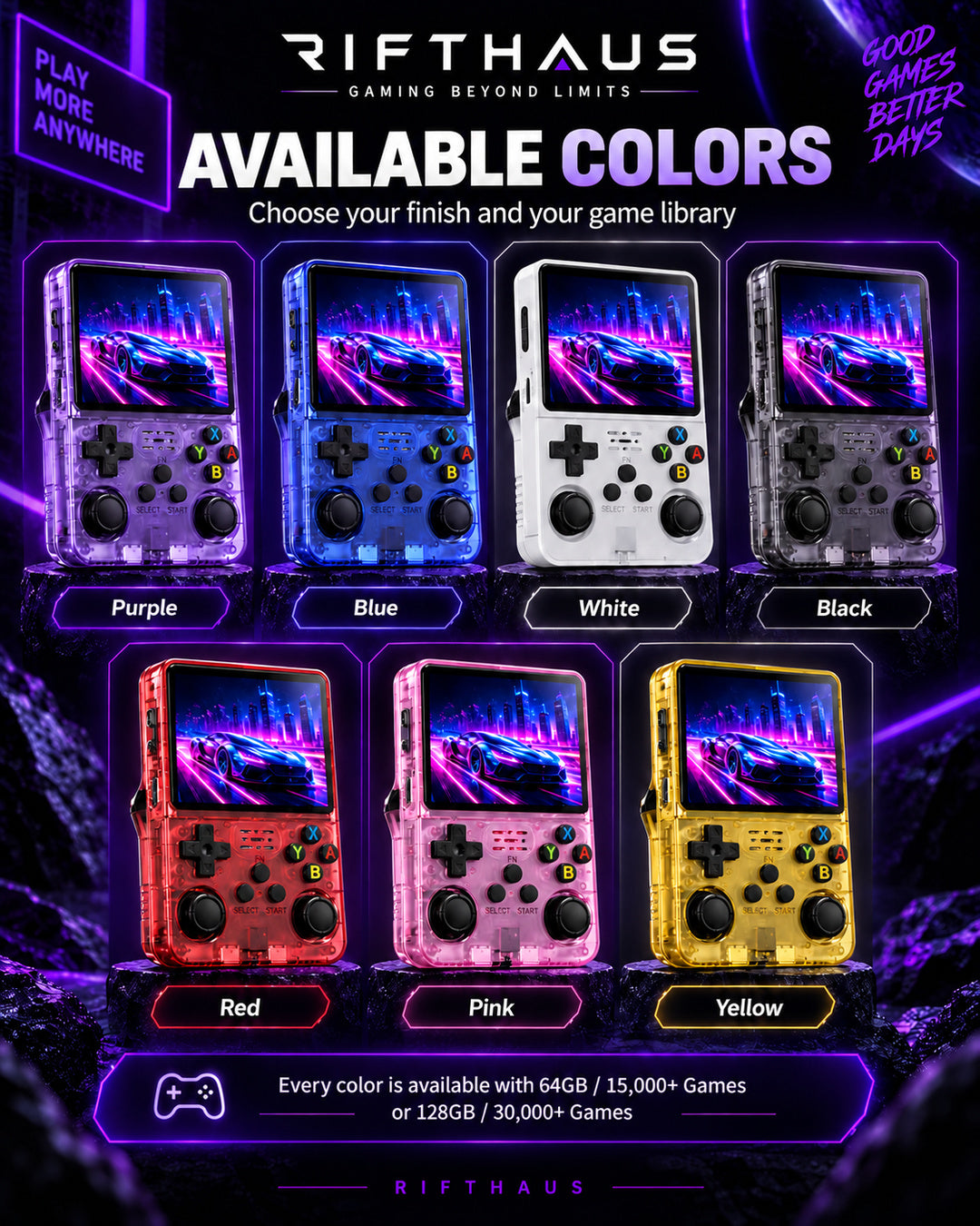RIFTHAUS Gaming Console available colors and game library options