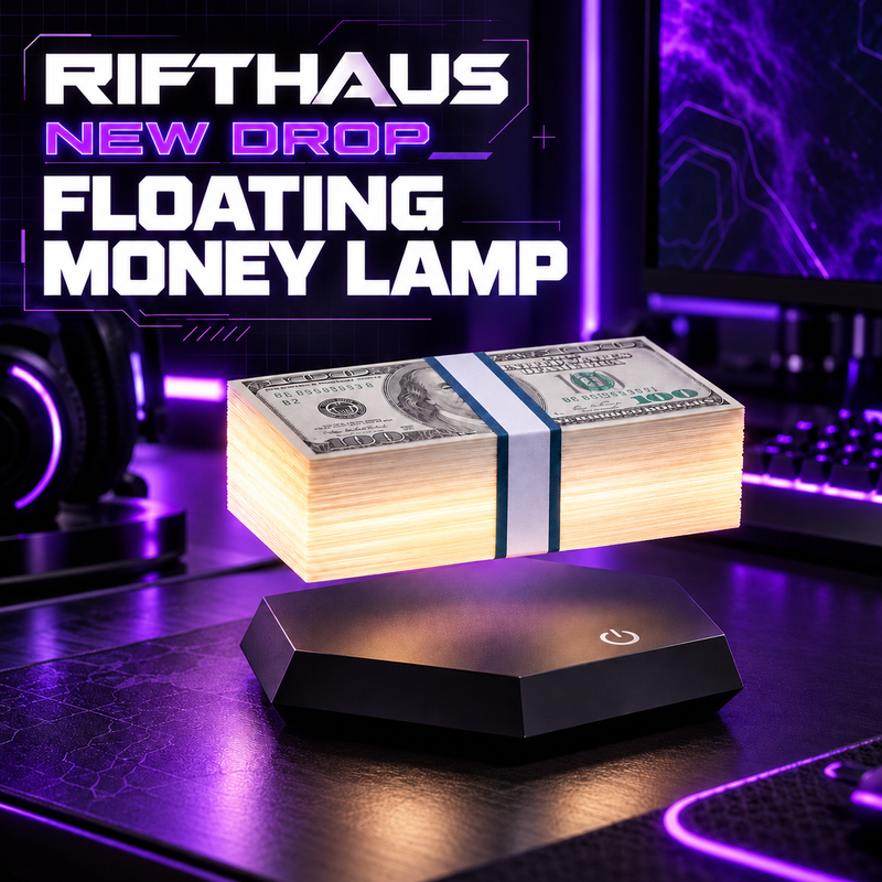 RIFTHAUS Floating Money Lamp levitating above its illuminated hexagonal base