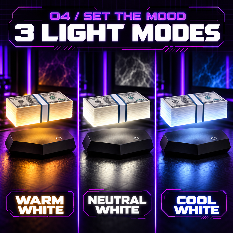Warm, neutral white and cool white Money Lamp lighting modes