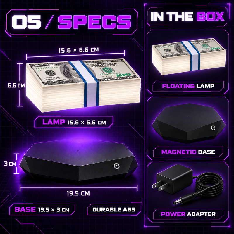 Money Lamp dimensions, controls and box contents